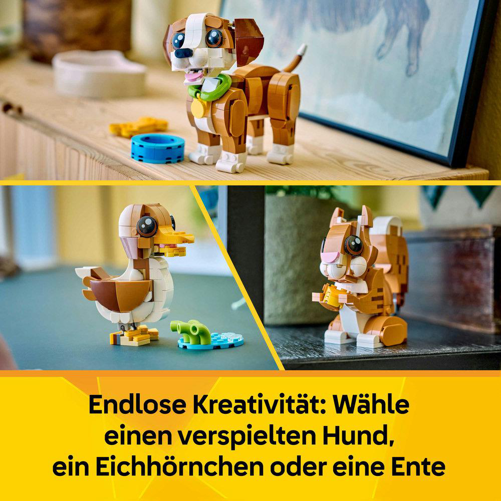 LEGO-Bausätze: Hund, Eichhörnchen und Ente.