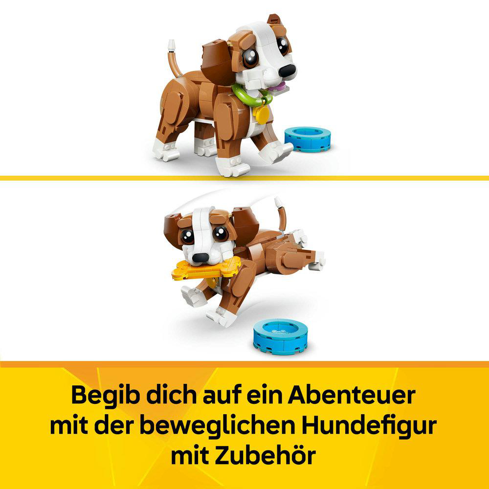 Ein braun-weißer Lego-Hund mit Halsband und Spielzeug, daneben blaues Zubehör.