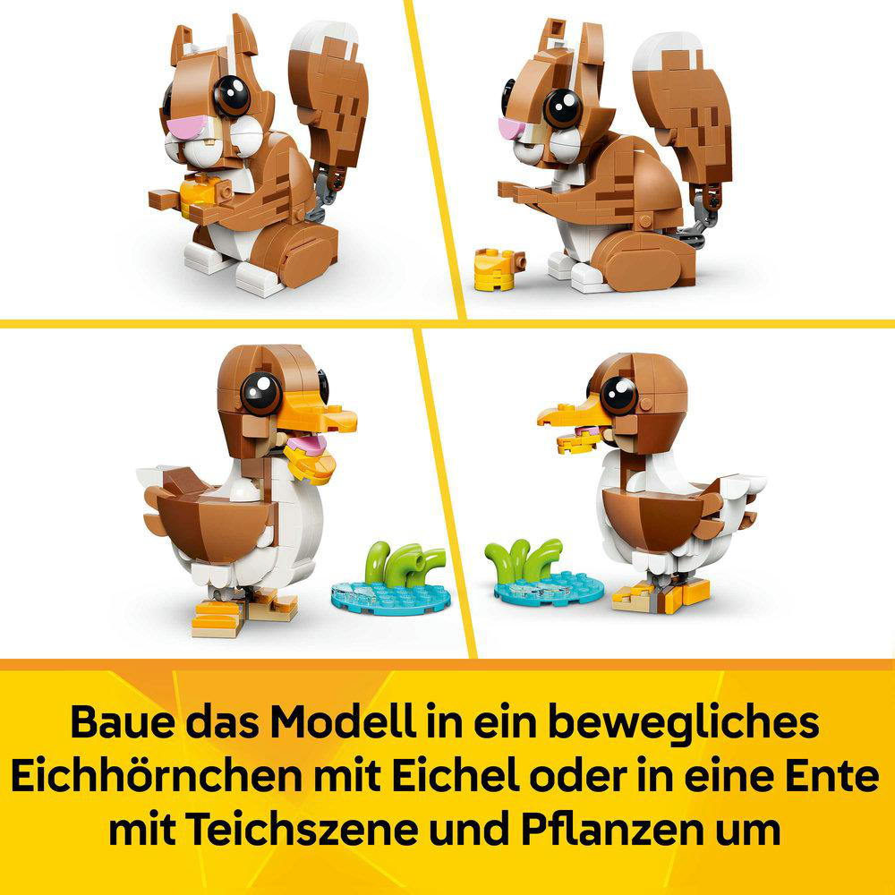 Bunte Lego-Modelle: Eichhörnchen mit Eichel und Ente auf Teich.