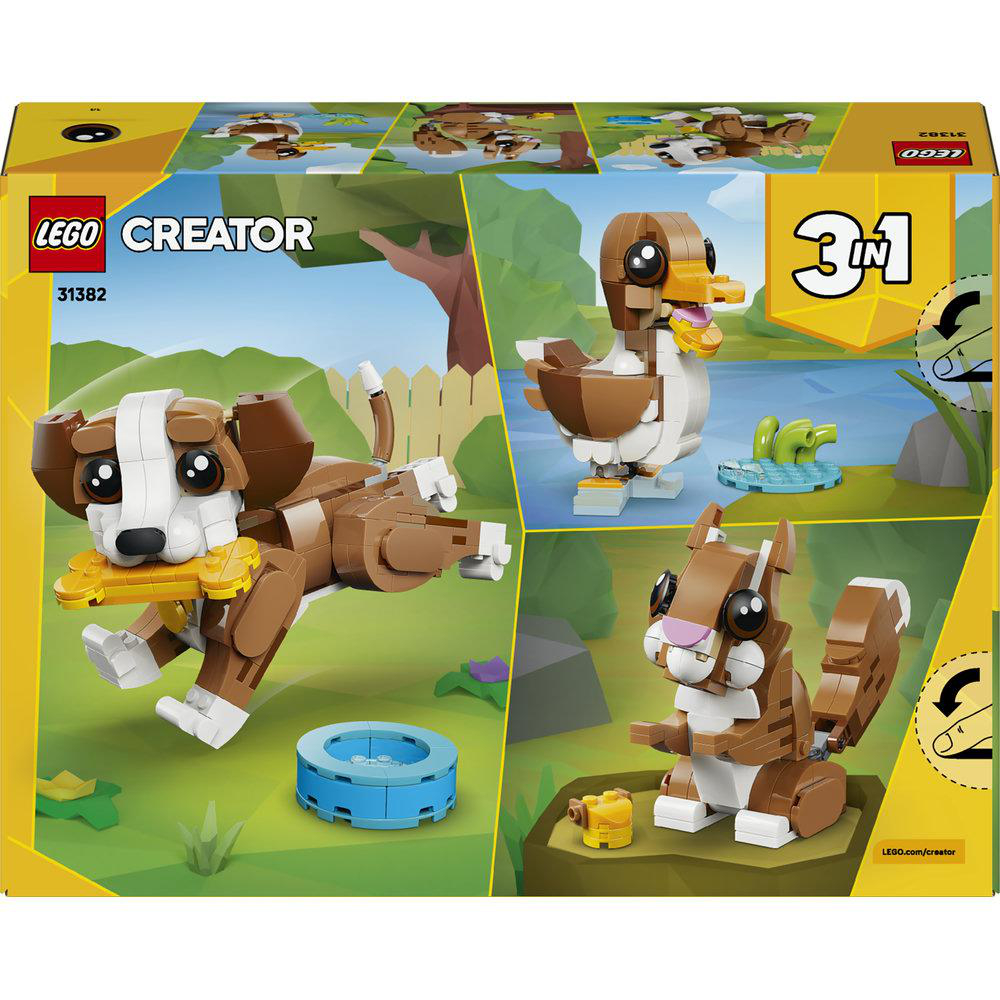 LEGO Creator Set mit Hund, Ente und Eichhörnchen auf grünem Hintergrund.