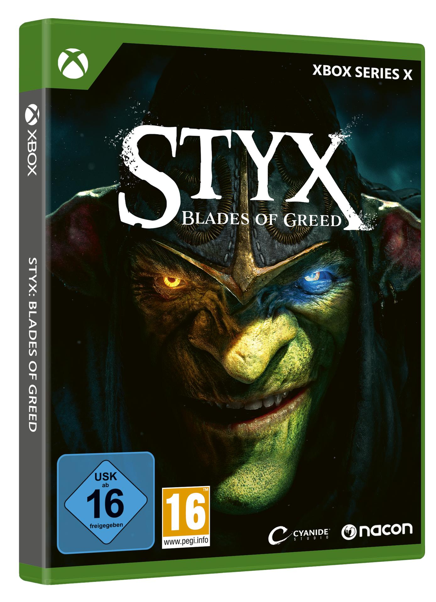 Xbox Hülle: Styx mit grünem Goblin-Gesicht, gelbem und blauem Auge.