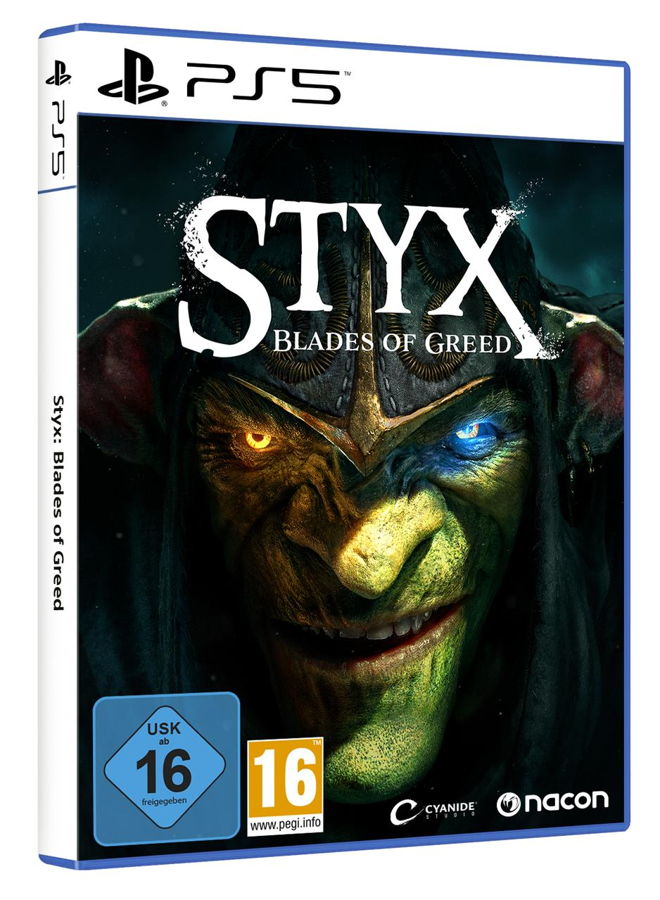 PS5 Spielcover 'Styx: Blades of Greed' mit einem grünen Wesen.