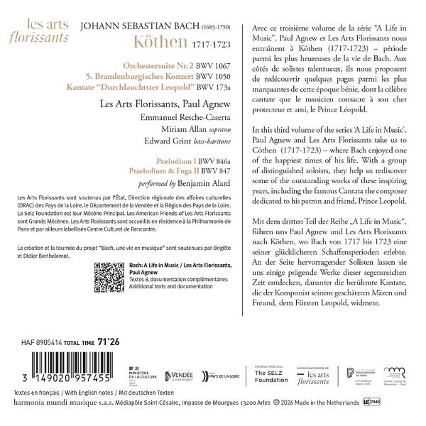 CD-Cover mit Texten über J.S. Bachs Köthener Werke, aufgeführt von Les Arts Florissants.