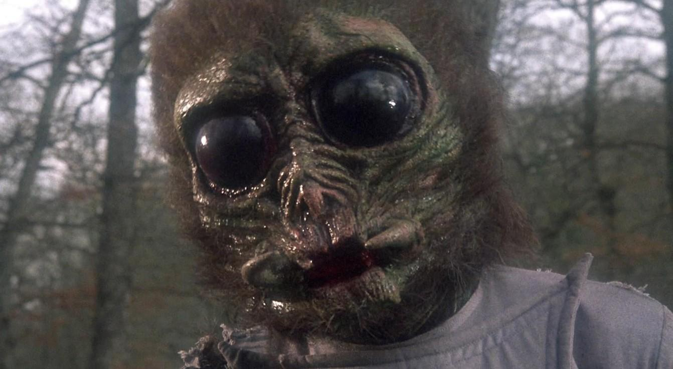 Nahaufnahme eines grünen, schleimigen Monsters mit großen schwarzen Augen.