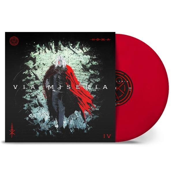 Rotes Vinyl-Album mit dunklem Cover, das eine Figur mit rotem Umhang zeigt.