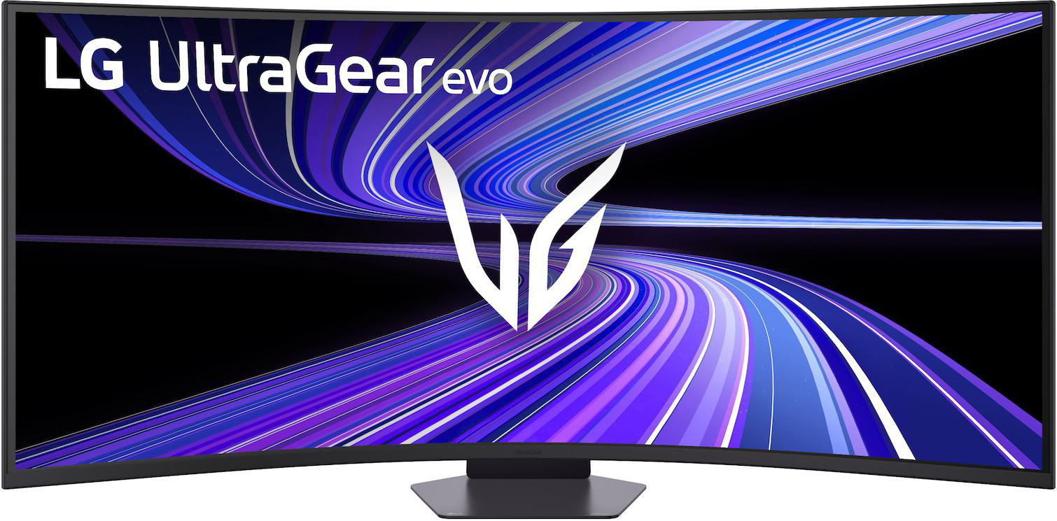 Ein gebogener LG UltraGear Gaming-Monitor mit einem lila und blauen Streifenmuster.