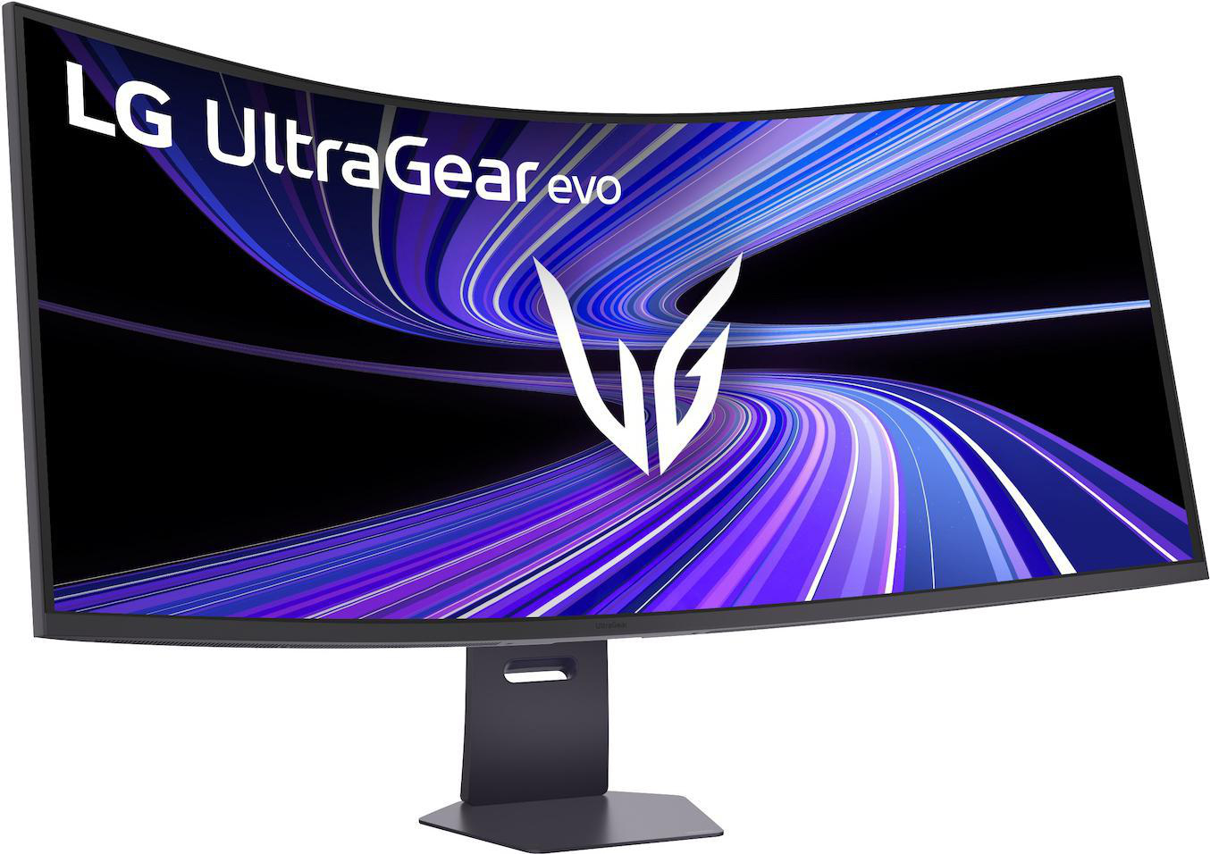 Ein gekrümmter LG UltraGear Monitor mit einem stilisierten weißen Logo und lila/blauen Lichtstreifen.