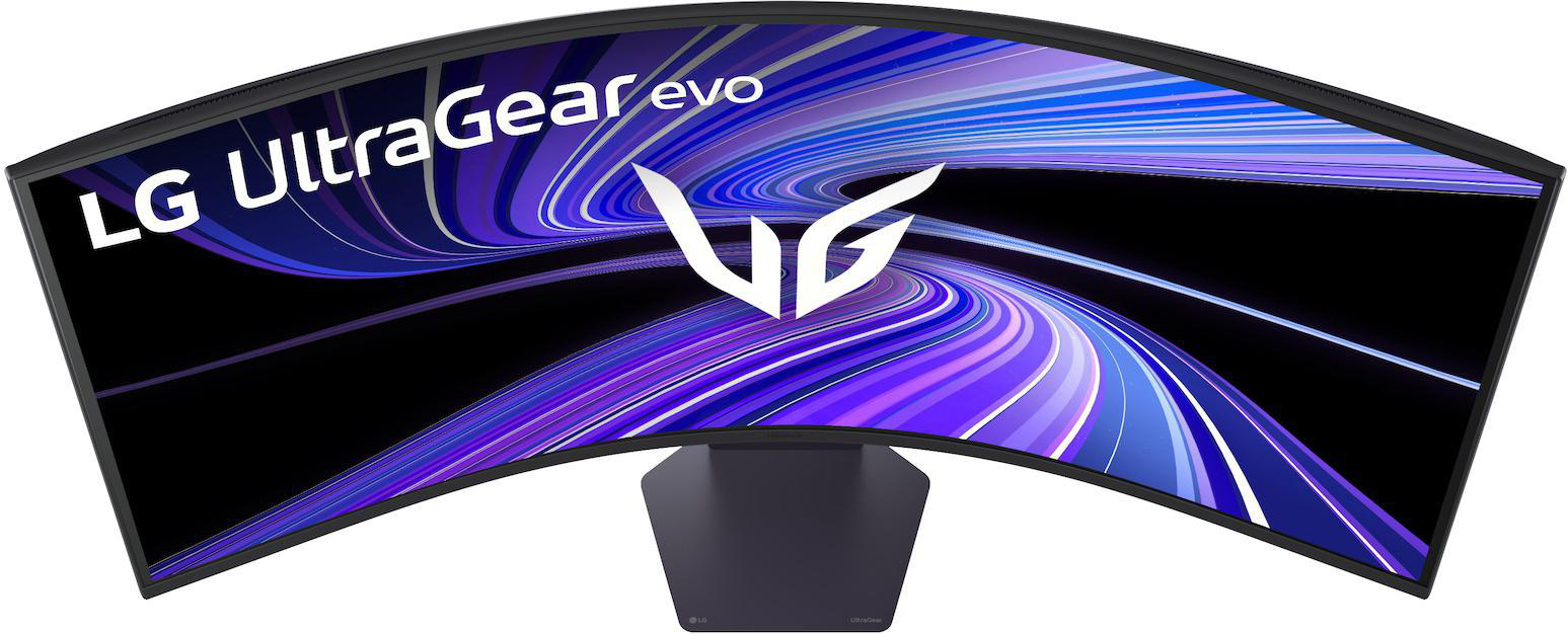 Ein geschwungener LG UltraGear Monitor mit einem lila und blauen Wellenmuster und dem LG Logo.