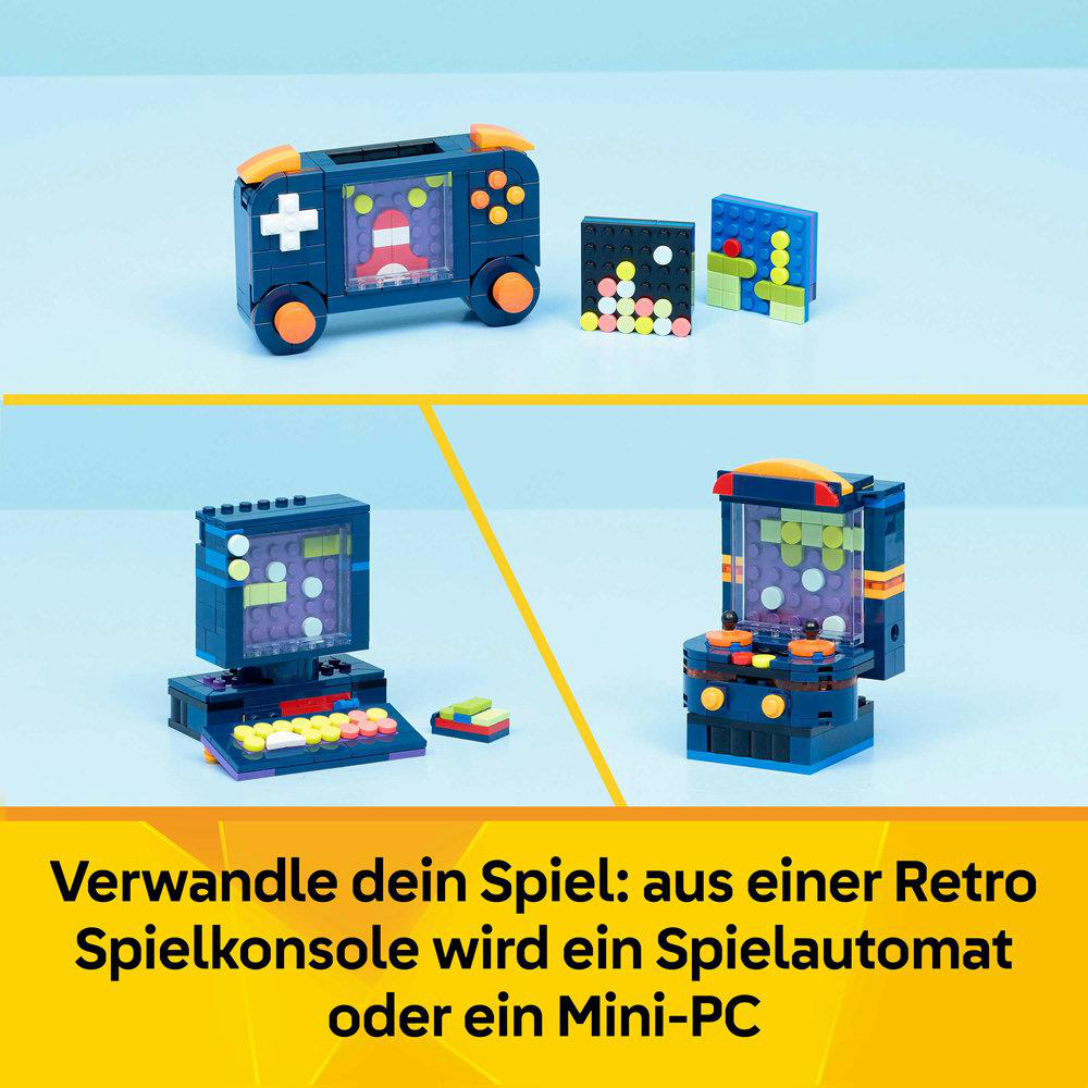 Retro-Spielzeug-Klassiker: Handheld, PC und Arcade-Automat aus Bausteinen.