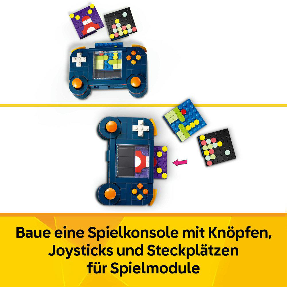 Bunte LEGO-Spielkonsolen mit austauschbaren Spielmodulen und Knöpfen.