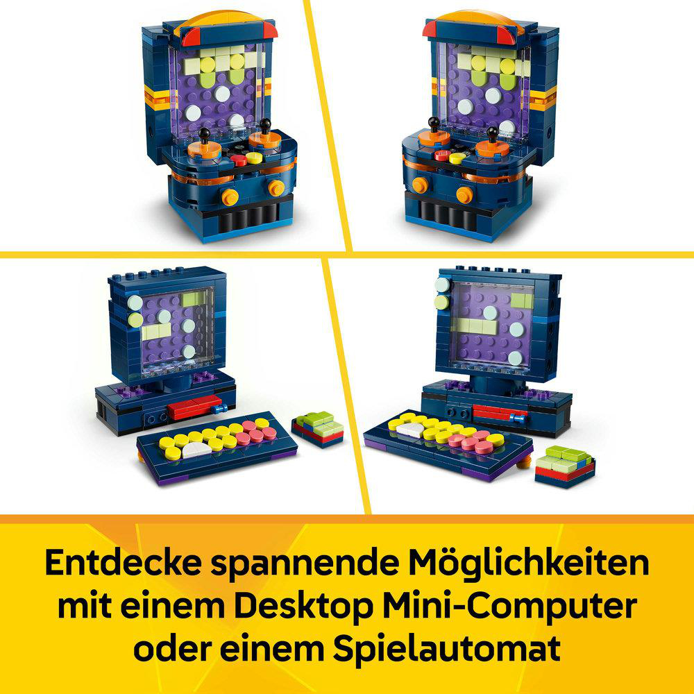 Zwei bunte Lego-Bausätze: ein Arcade-Automat und ein Mini-Computer.