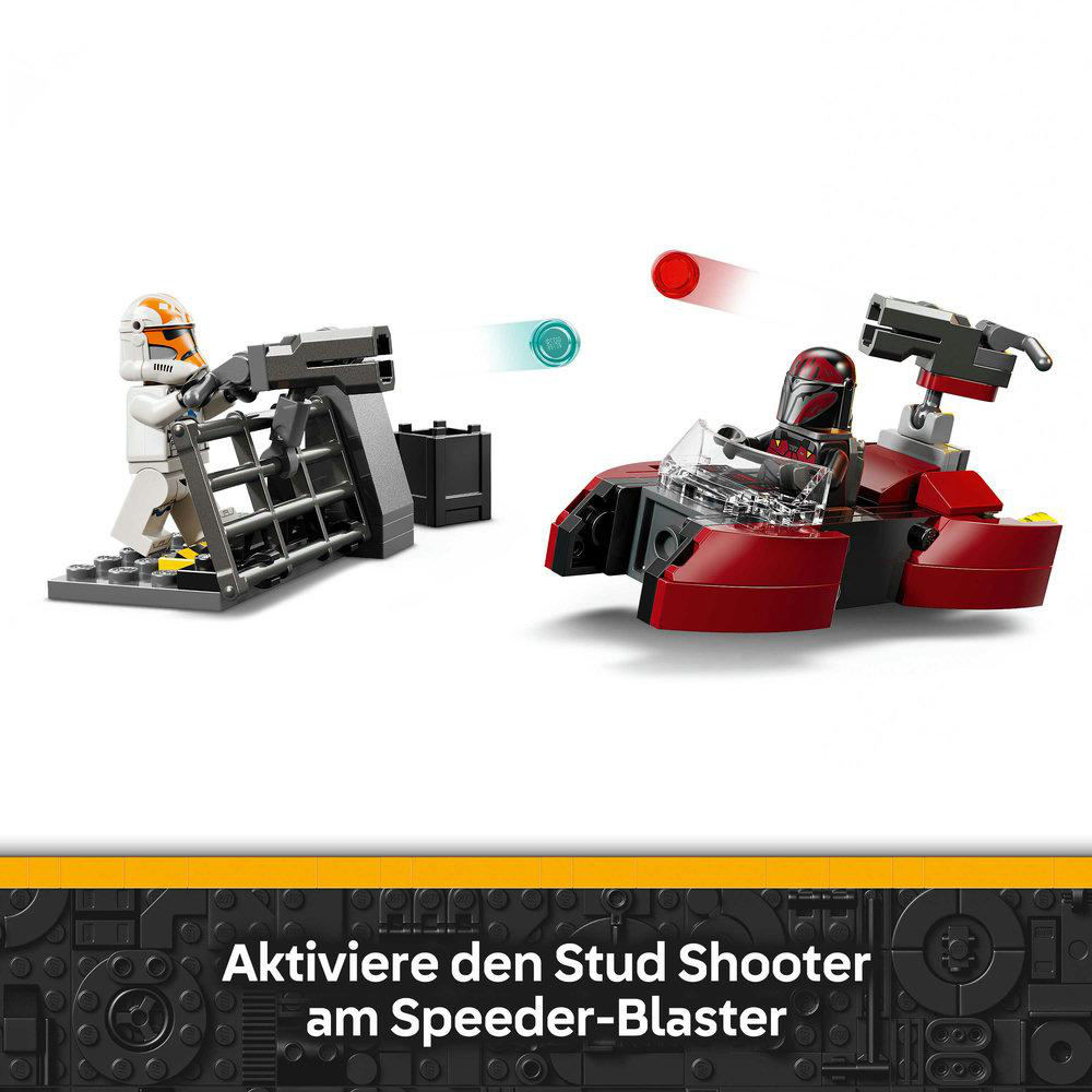 Ein Klonkrieger und ein mandalorianischer Speeder-Blaster mit rotierenden Stud-Shootern.