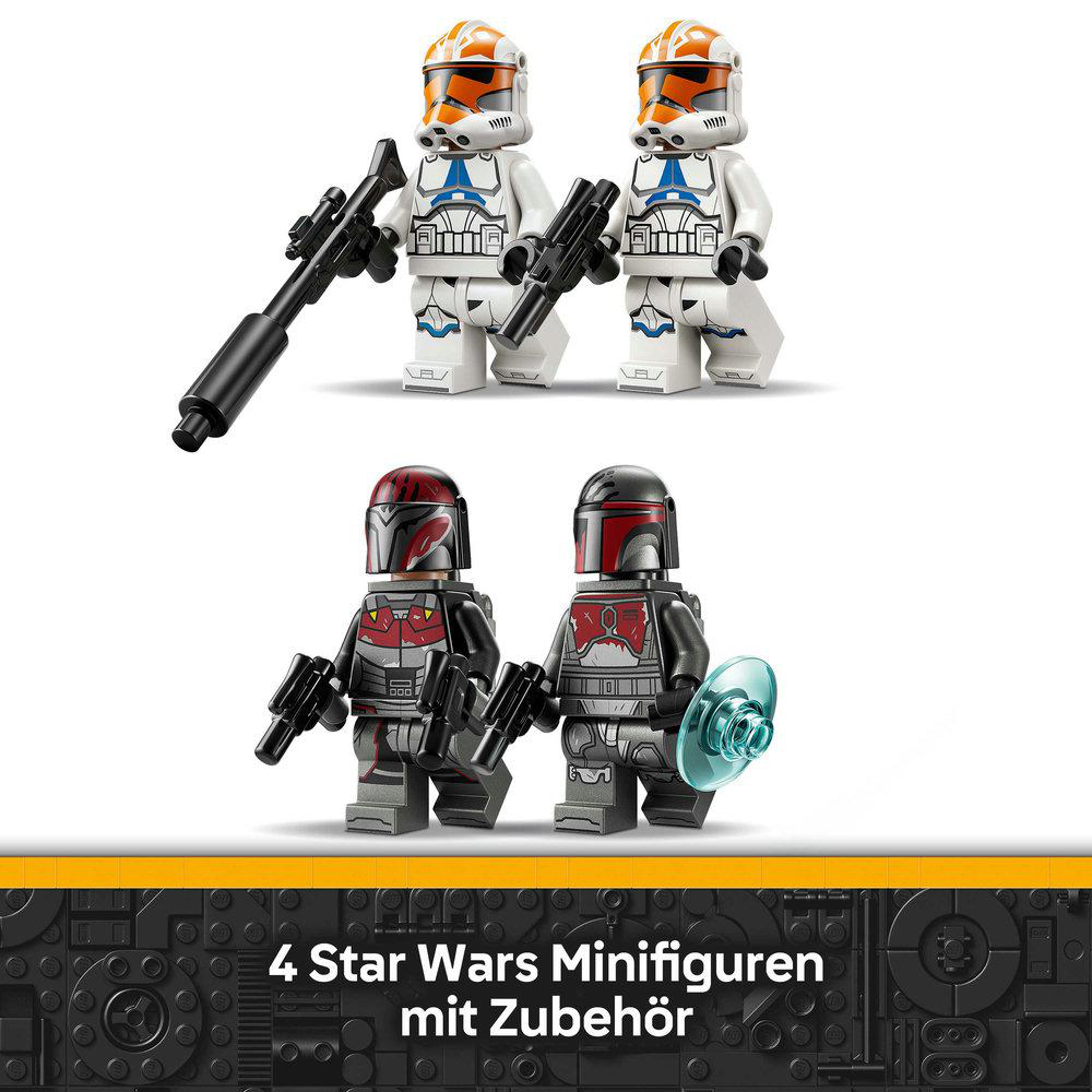 Vier Star Wars Minifiguren mit Waffen und Zubehör.