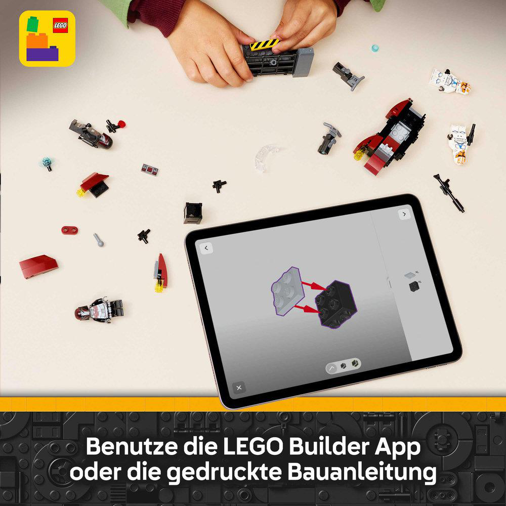 Kind baut mit LEGO. Tablet zeigt Bauanleitung. LEGO Logo oben links.