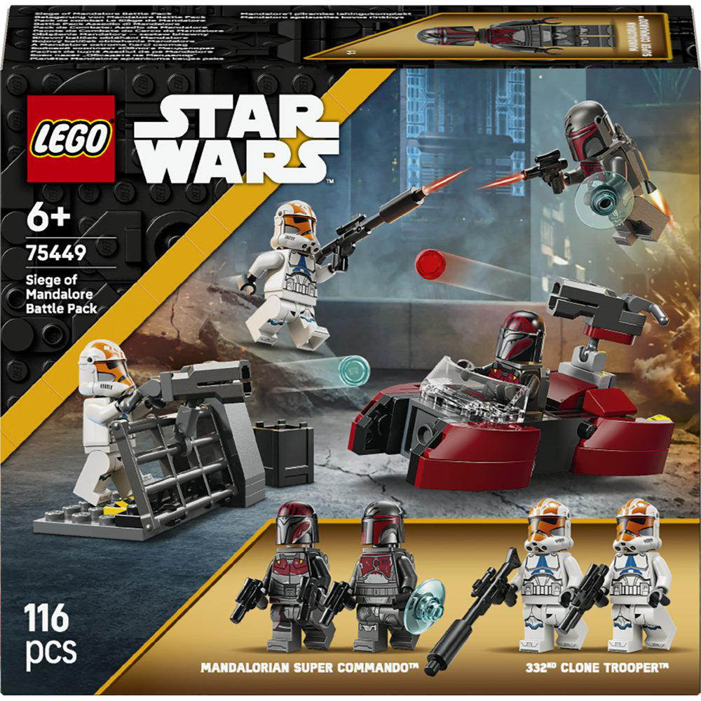 LEGO Star Wars Set: Mandalorianer und Klonkrieger kämpfen mit Fahrzeugen und Waffen.