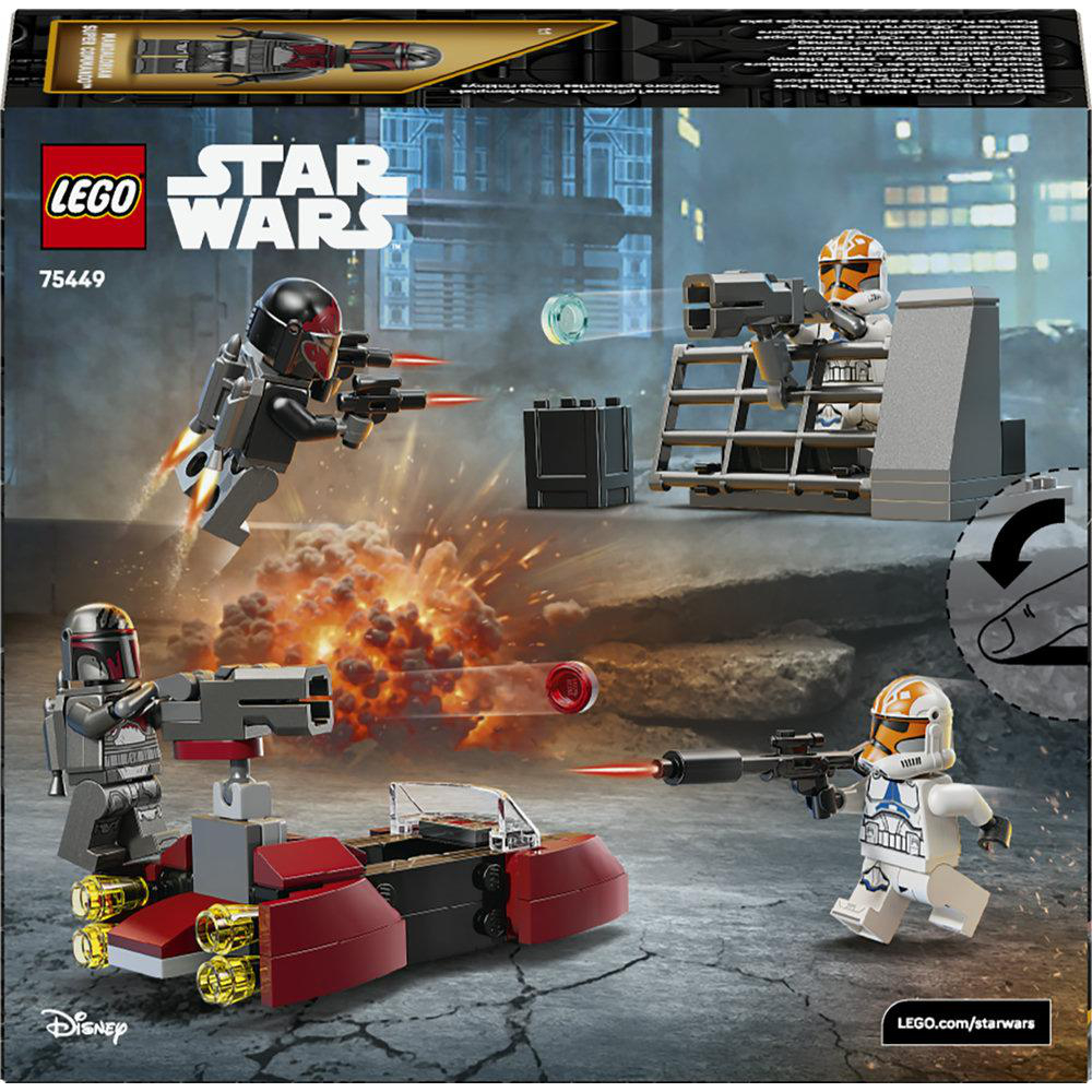 LEGO Star Wars Set mit Figuren, einem Fahrzeug und einer Explosion. Enthält Mandalorianer und Klonkrieger.