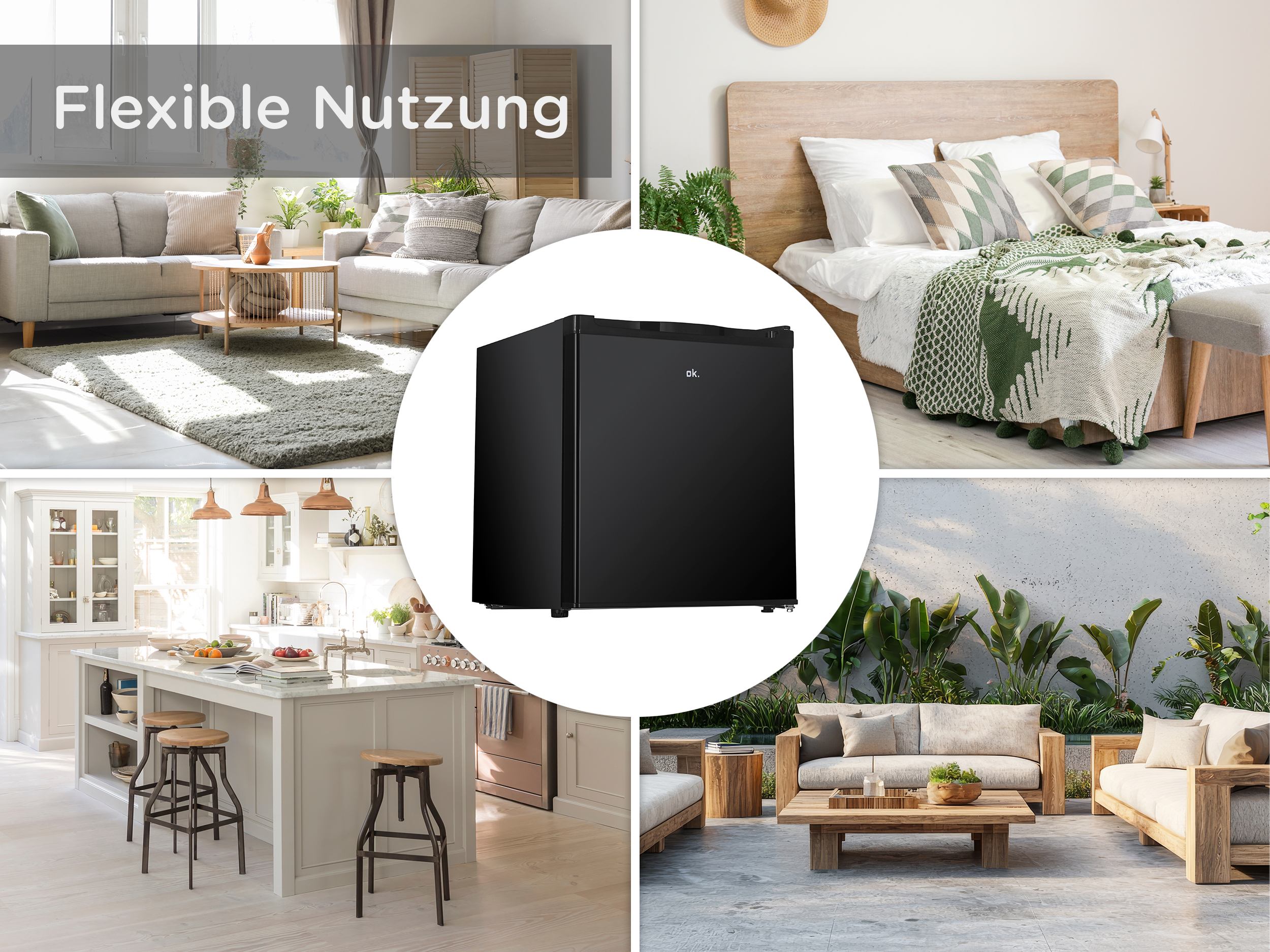 Vier Wohnszenen: Wohnzimmer, Schlafzimmer, Küche und Außenbereich mit einem Kühlschrank.