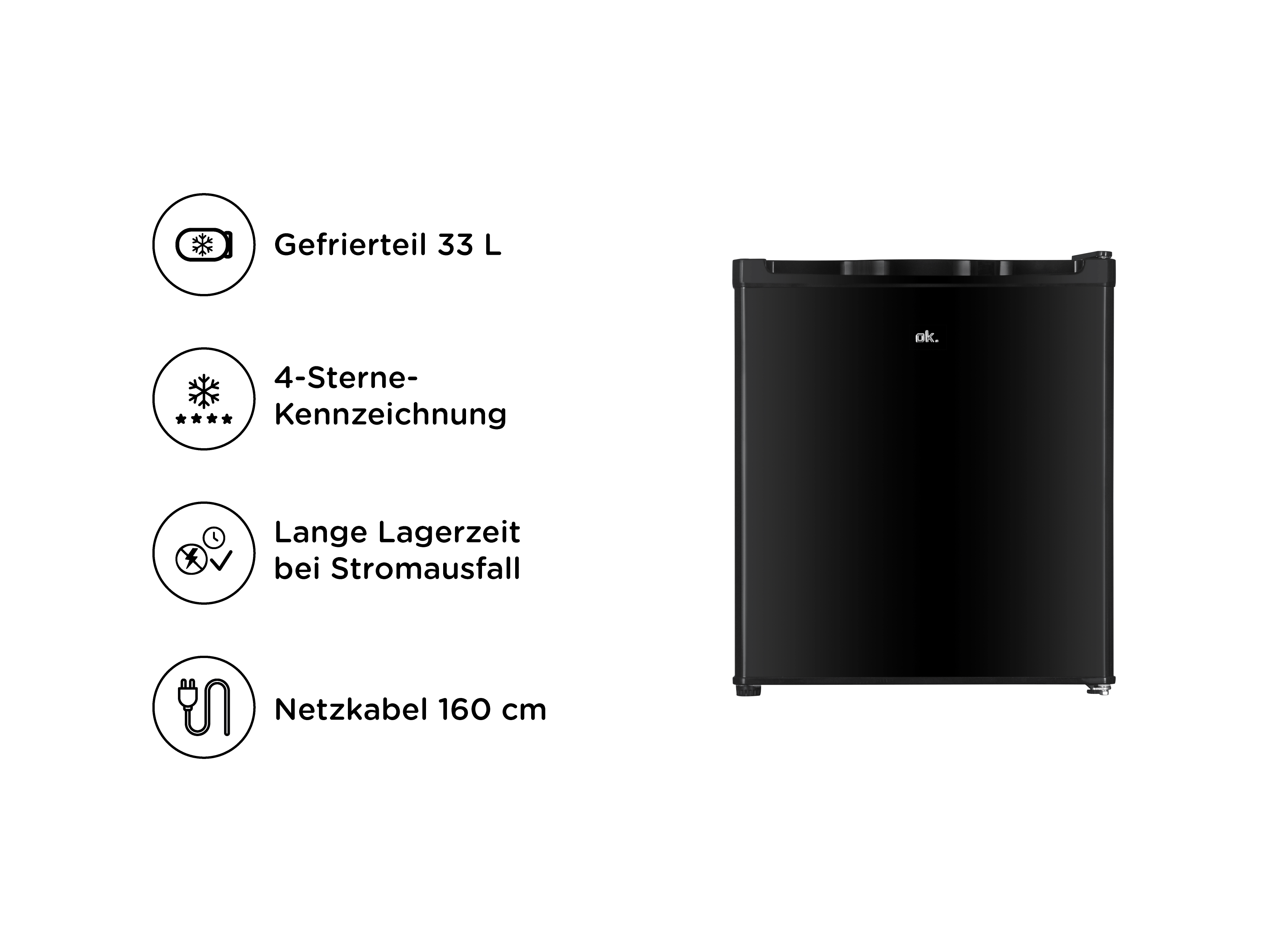 Schwarzer Kühlschrank mit Gefrierteil 33L, 4-Sterne, lange Lagerzeit.