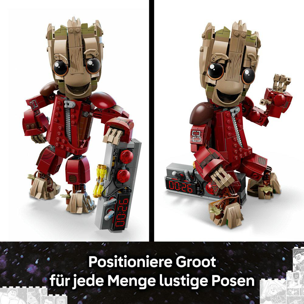 Groot-Figur aus Lego mit roter Kleidung und einem digitalen Timer.