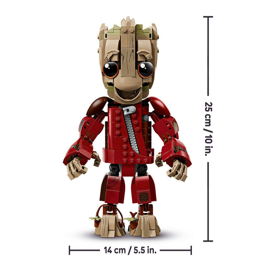 Ein Lego-Groot-Modell in Rot und Braun mit Reißverschluss und detaillierten Füßen.