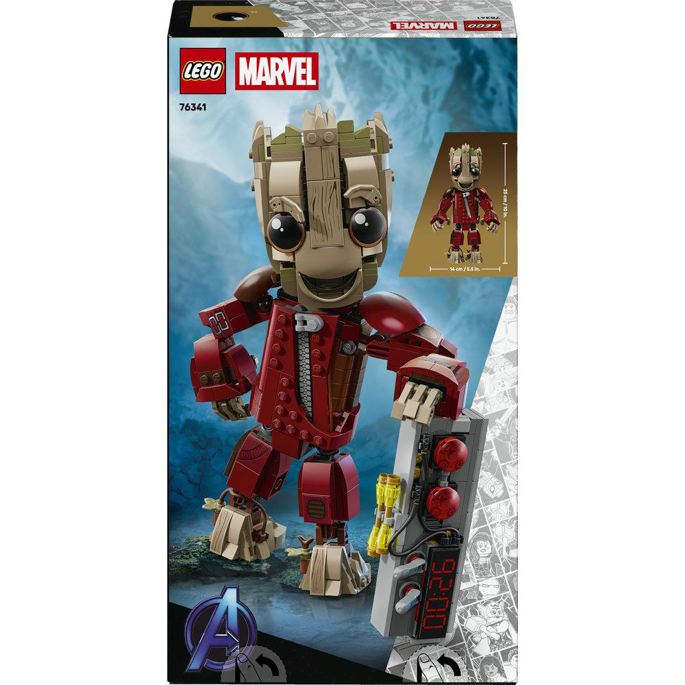 LEGO Marvel Groot-Set mit roten und braunen Teilen, hält eine Zündvorrichtung.