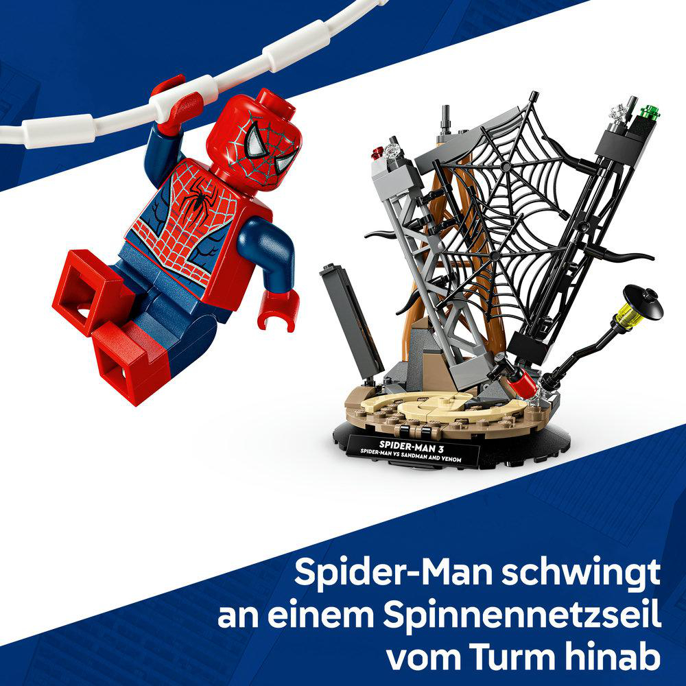 Spider-Man schwingt an einem Spinnennetz von einem Turm.