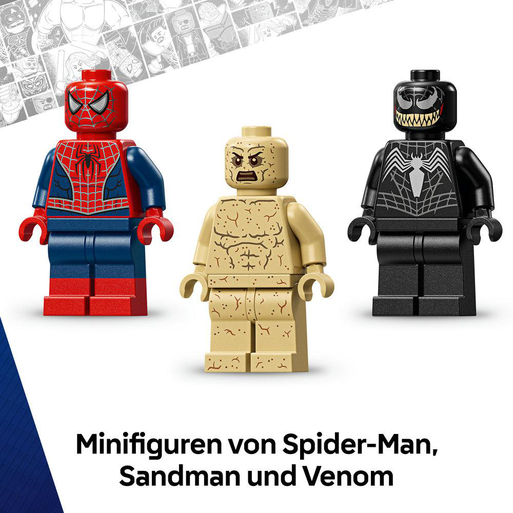 Drei Lego-Minifiguren: Spider-Man, Sandman und Venom.