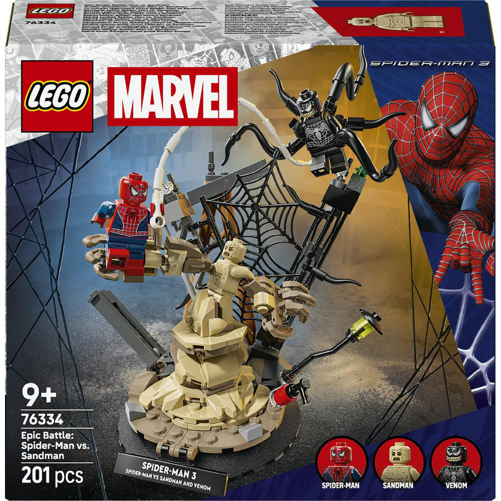 LEGO Marvel Spider-Man vs. Sandman Set mit 3 Figuren und Spinnennetz-Konstruktion.