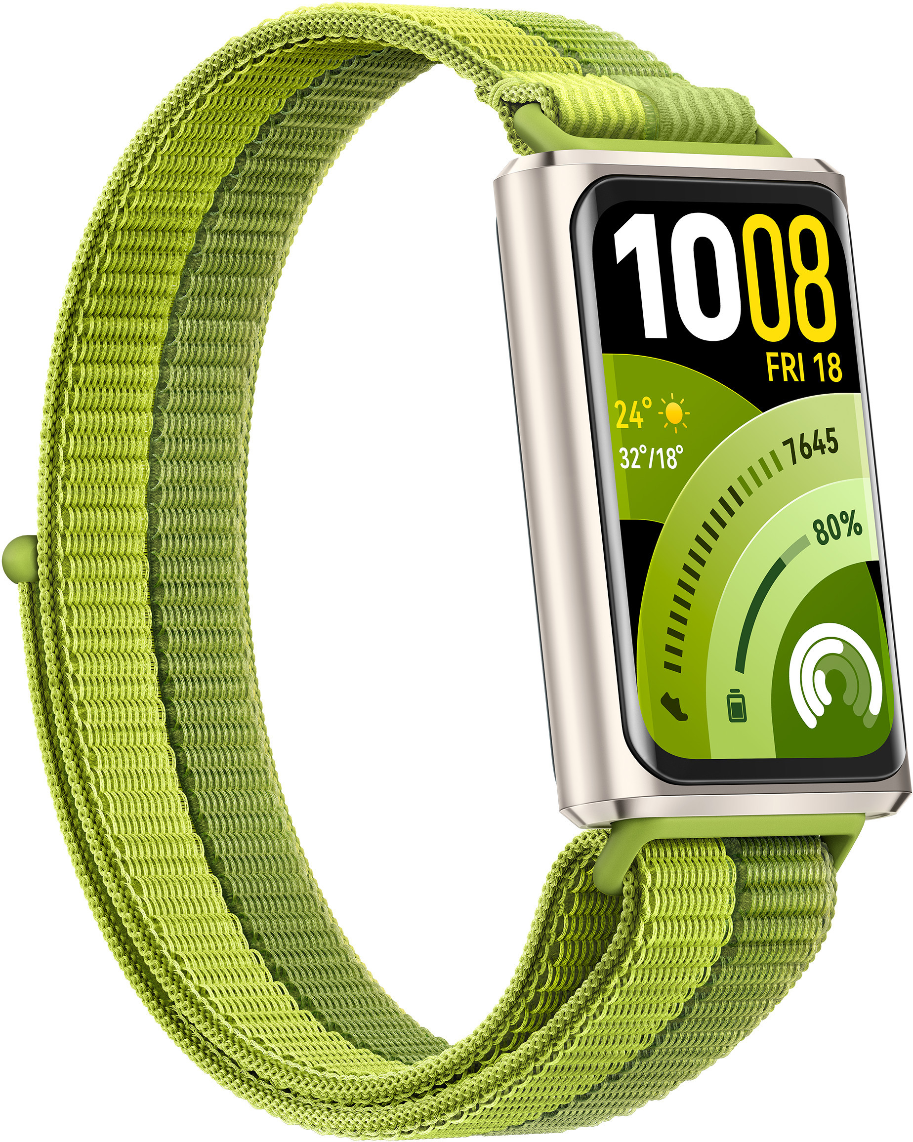 Zielona tkana opaska z srebrną kopertą i wyświetlaczem smartwatcha.