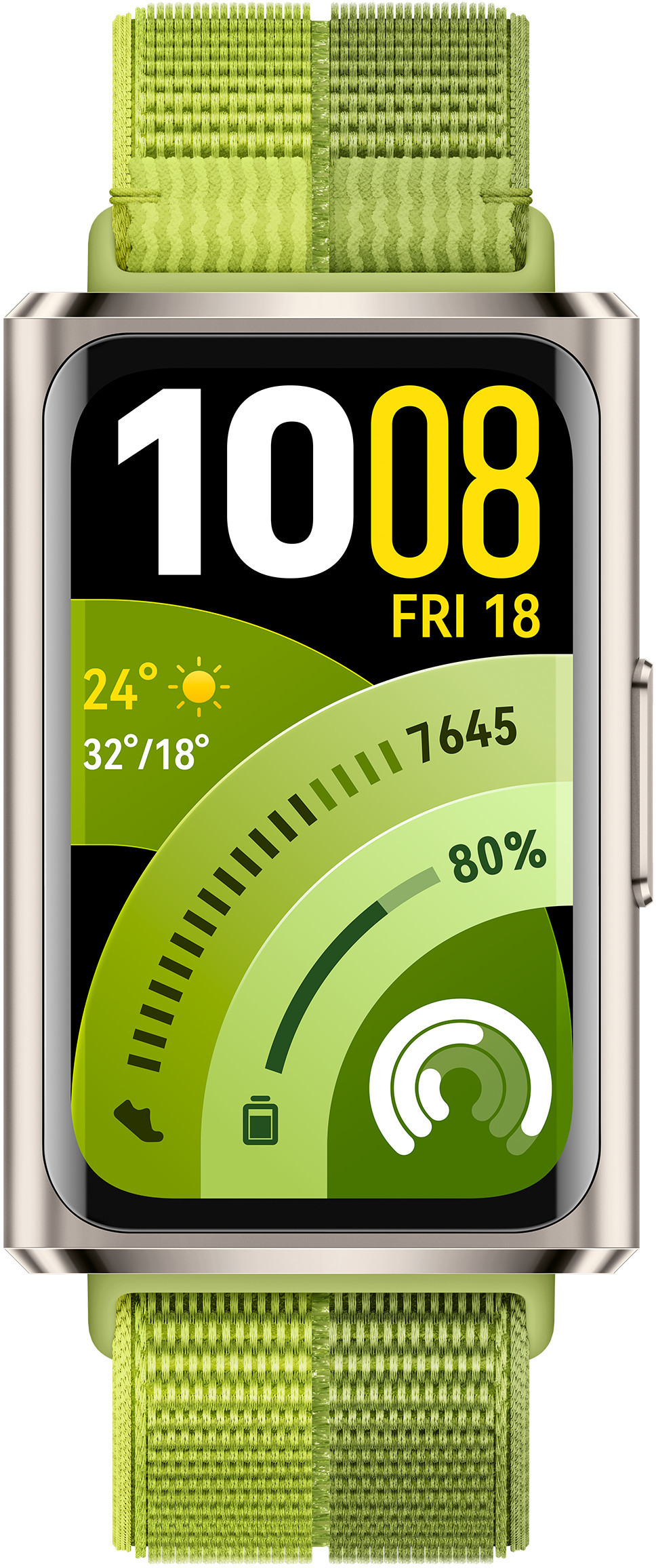 Tarcza smartwatcha pokazuje 10:08, 24°C, kroki, 80% baterii.