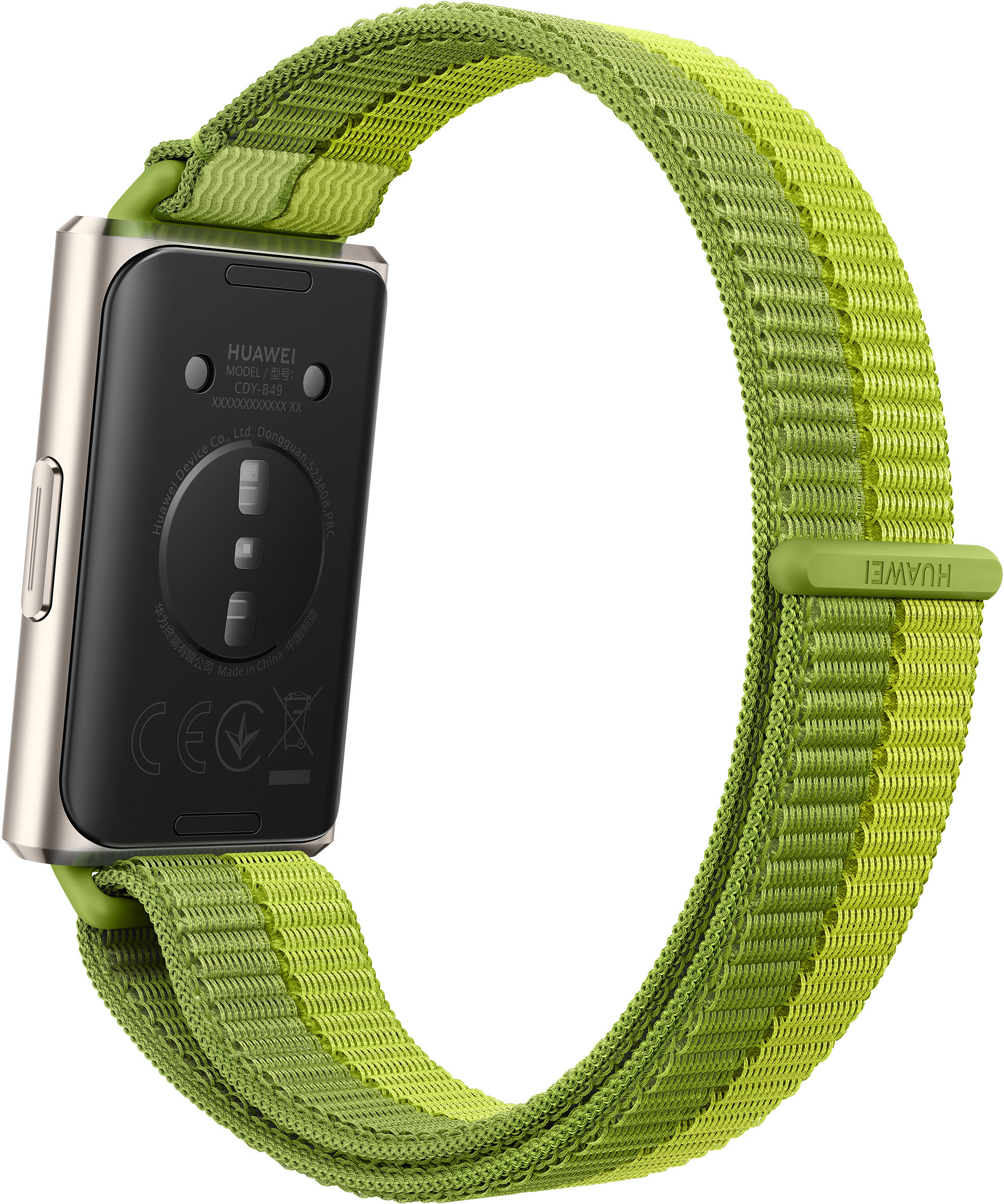 Srebrna obudowa smartwatcha z zielonym paskiem materiałowym. Zbliżenie.