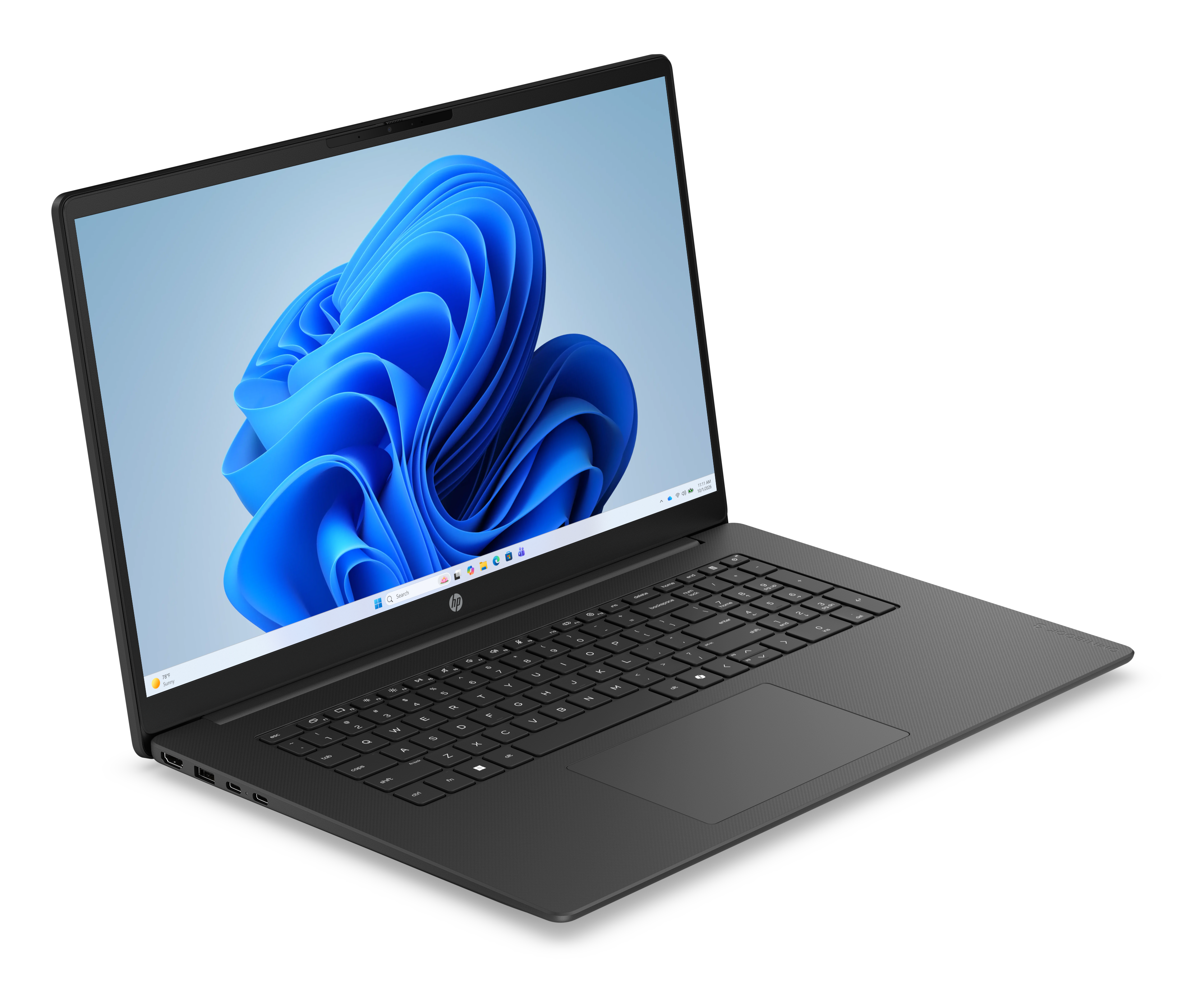 Ein schwarzer Laptop mit Windows 11-Hintergrund, von der Seite gezeigt.