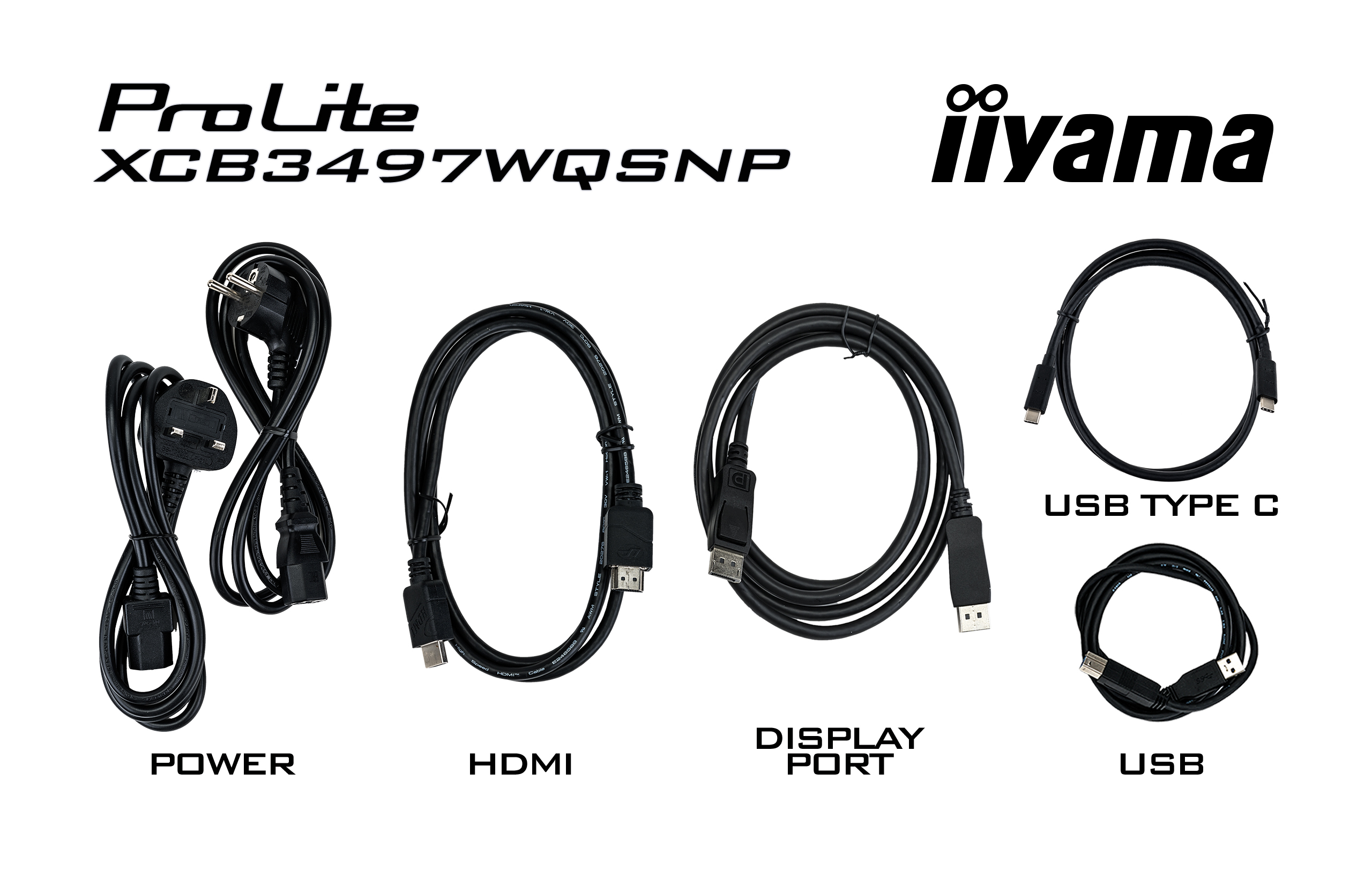 Pięć czarnych kabli: zasilający, HDMI, DisplayPort, USB-C i USB na białym tle.