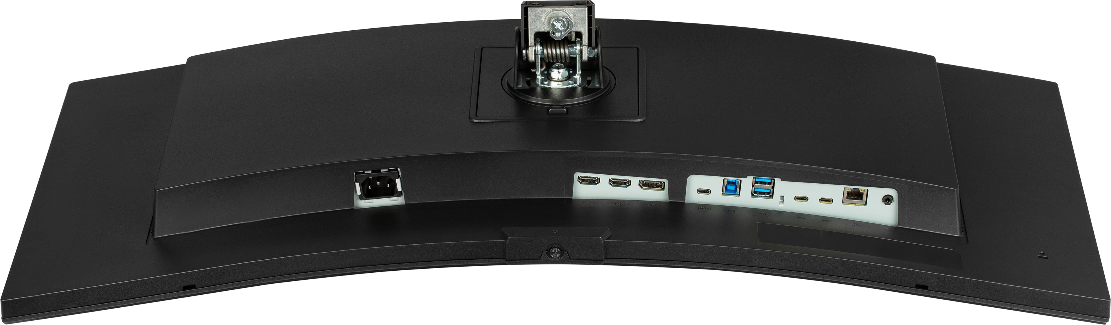 Tył czarnego monitora z portami zasilania, HDMI, USB-C, USB-A i Ethernet.