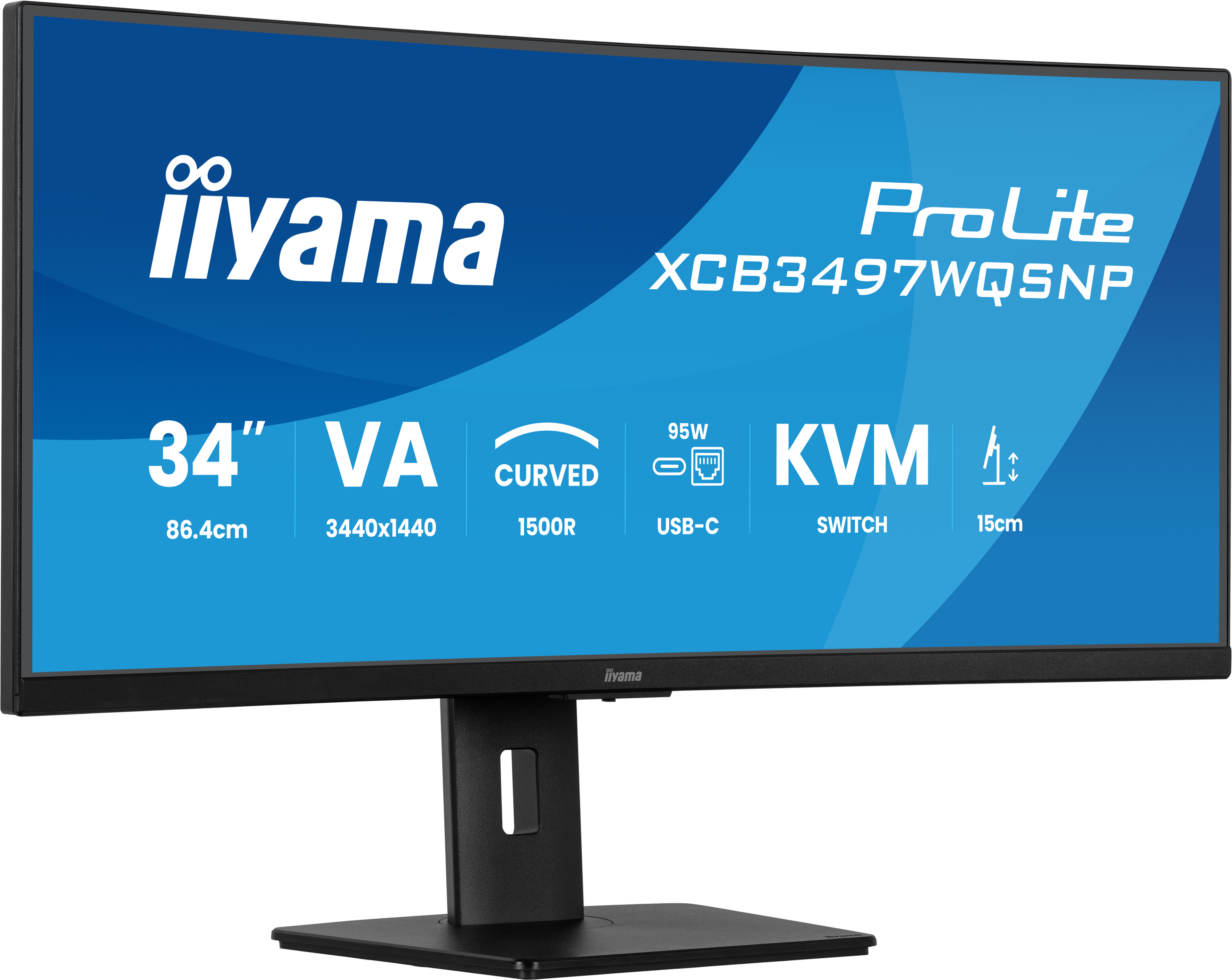 Czarny monitor z niebieskim tłem prezentujący iiyama ProLite XCB3497WQSNP.