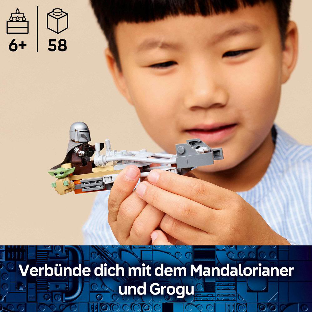 Kind hält Mandalorianer & Grogu Lego-Modell, 6+ Jahre, 58 Teile.