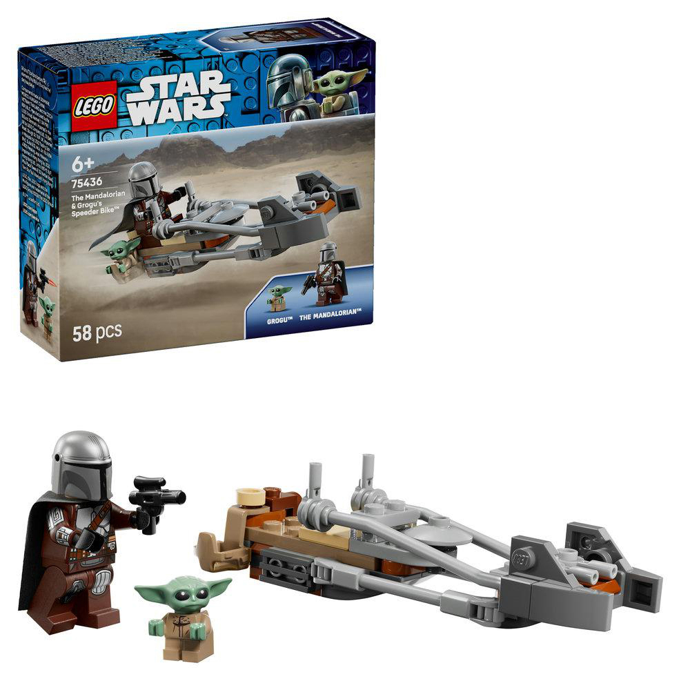 Lego Star Wars Set mit Mandalorianer, Grogu und Speeder Bike.