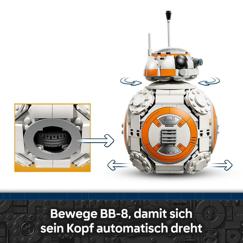 Ein LEGO Modell des Droiden BB-8 mit einem Detailbild des Kopfmechanismus.