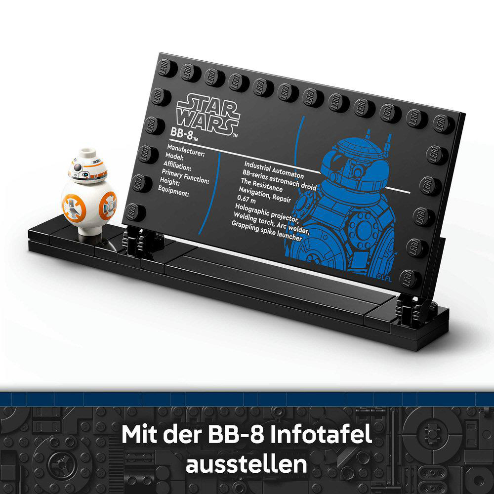 LEGO BB-8 mit Infotafel und Star Wars Logo. Daten des Droiden sind auf der Tafel.