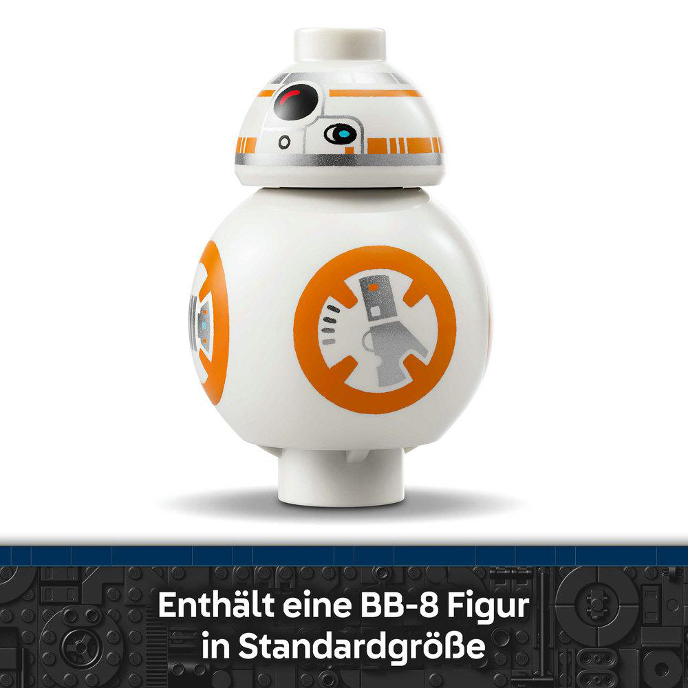 Ein weißer BB-8 Droide mit orangefarbenen Markierungen auf weißem Hintergrund.