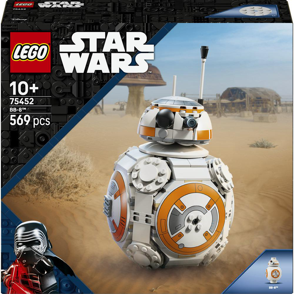 LEGO BB-8 Modell mit Kylo Ren Figur auf Wüstenplanet-Kulisse.