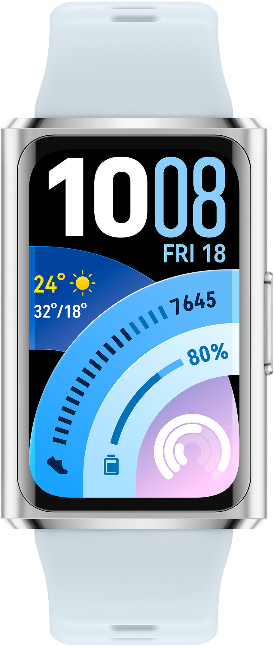 Jasnoniebieski wyświetlacz smartwatch pokazuje 1008 kroków, pogodę i baterię.