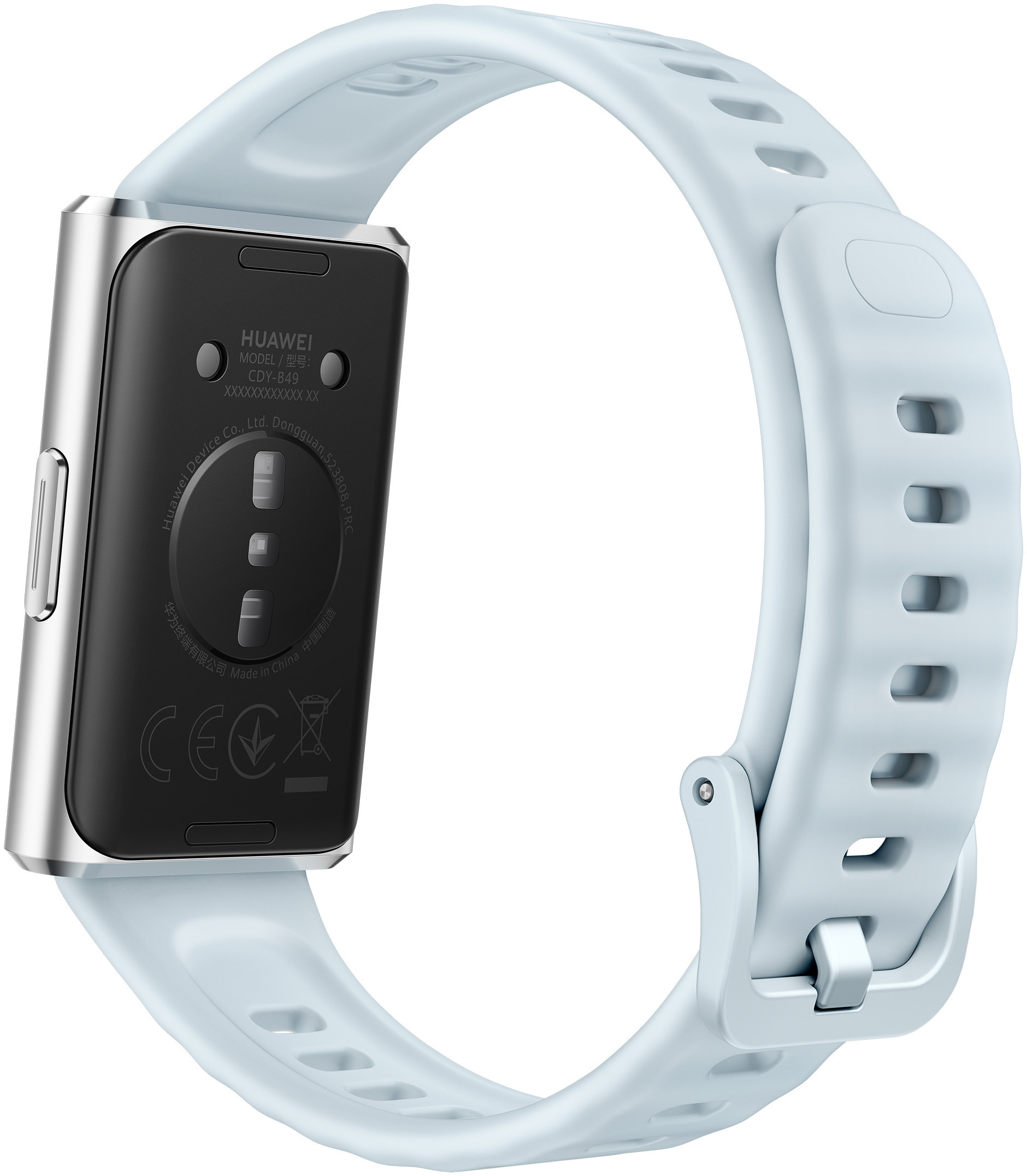 Jasnoniebieska opaska fitness z srebrną obudową i czarnym panelem tylnym.