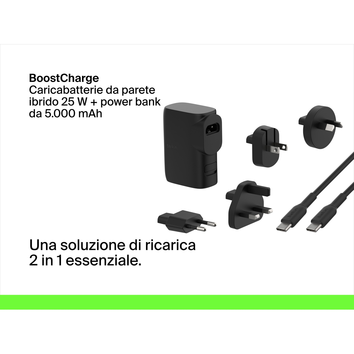 Caricabatterie ibrido 25W e power bank 5000mAh con adattatori.