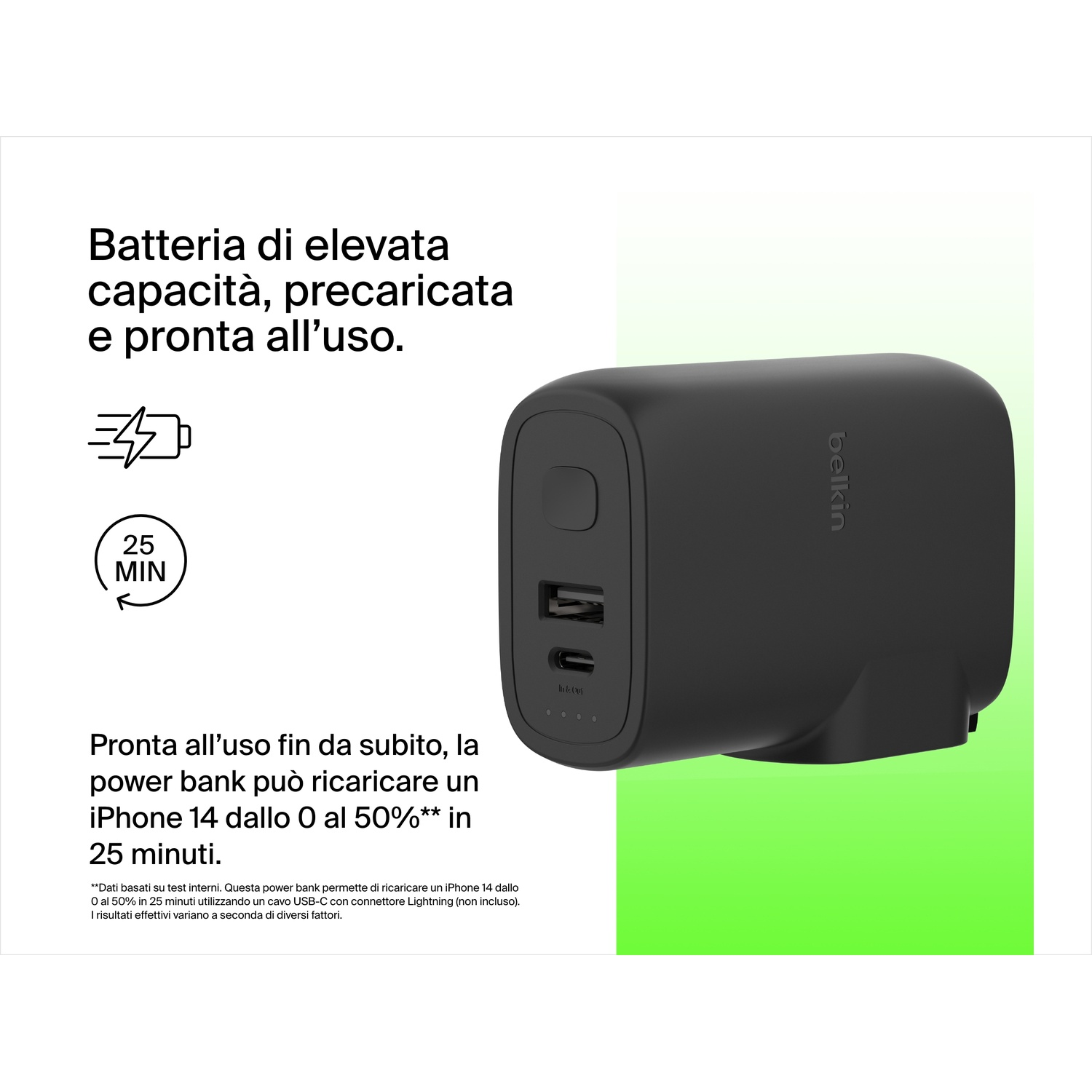 Power bank nera Belkin con porte USB-C e Lightning, ricarica velocemente iPhone 14.