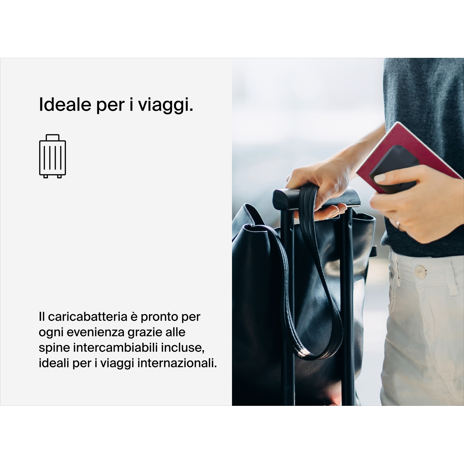 Caricabatteria da viaggio con spine intercambiabili, ideale per viaggi.