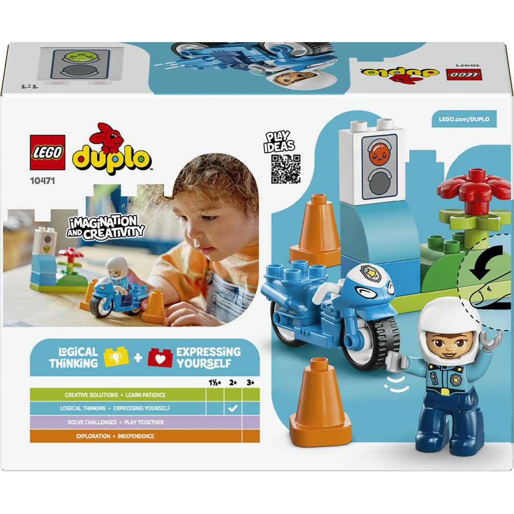 LEGO Duplo Set mit Polizei-Motorrad, Figuren, Verkehrskegeln und Blumen.