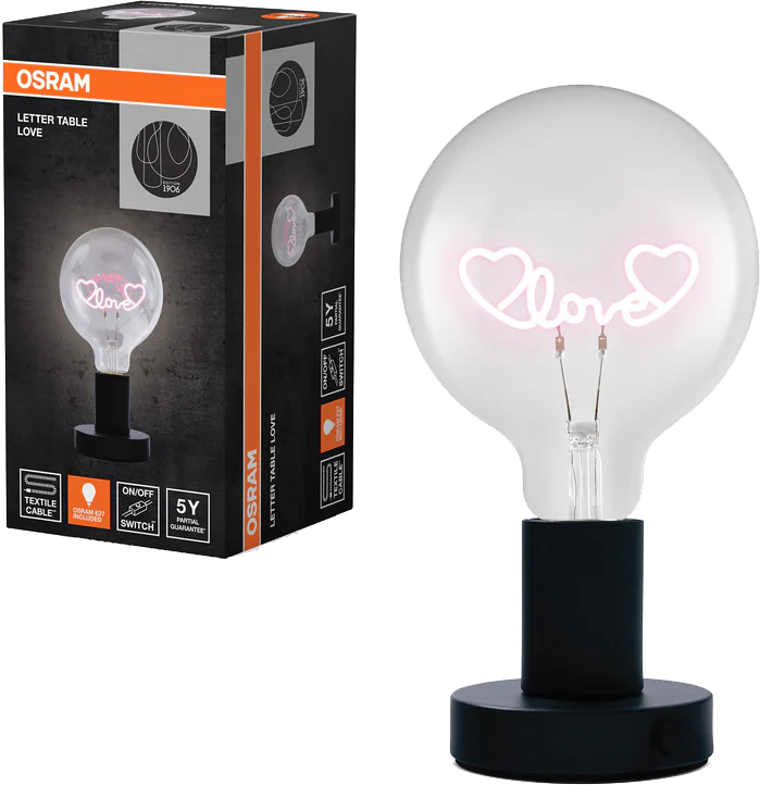 Osram asztali lámpa neon rózsaszín 'Love' és szívecske mintával.