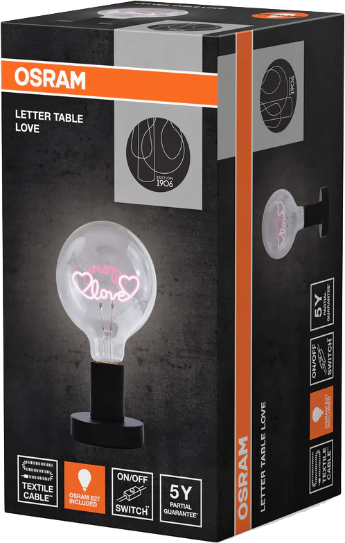 OSRAM Letter Love asztali lámpa csomagolása izzóval és szöveggel.