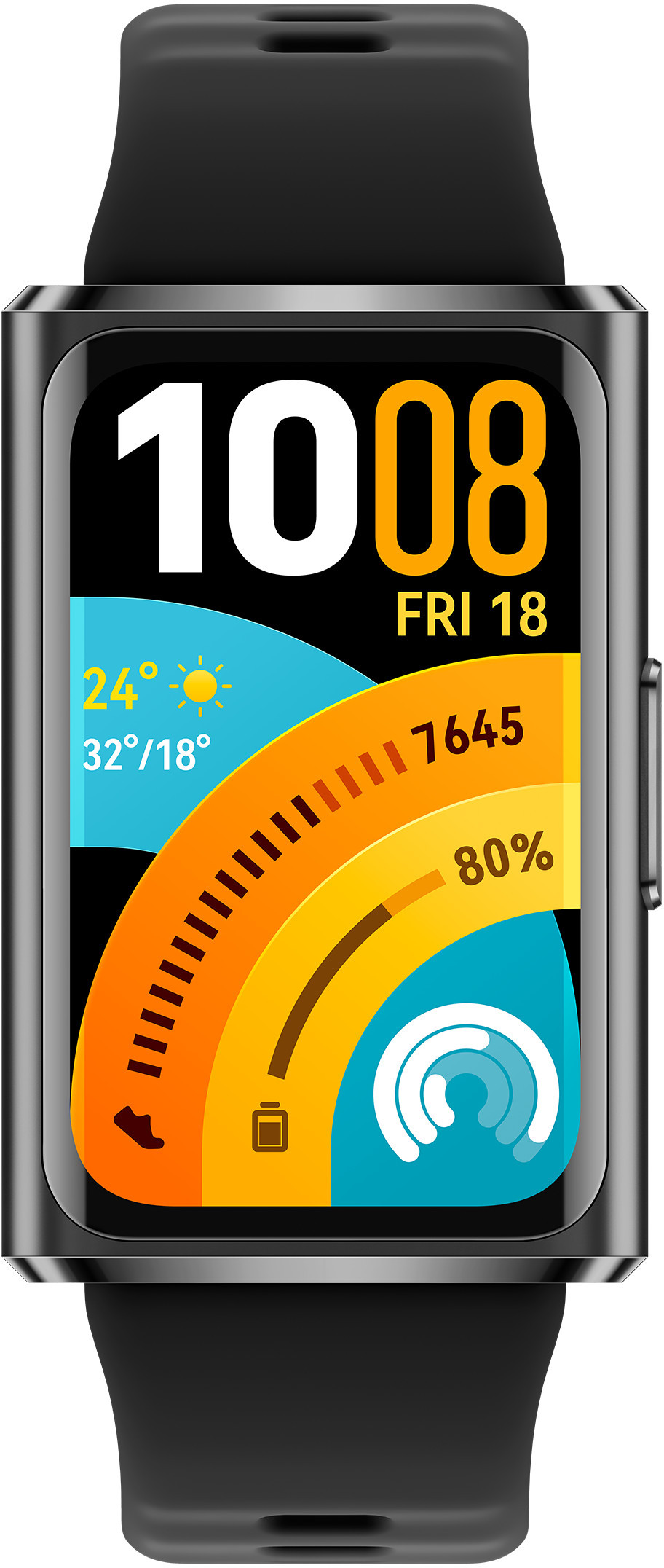 Ekran smartwatcha pokazuje godzinę 10:08, datę, pogodę i statystyki.